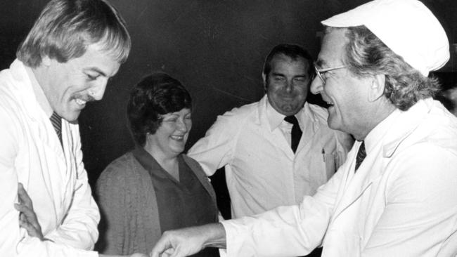 Bob Hawke meets North Melbourne's coach Malcolm Blight on the campaign trail.