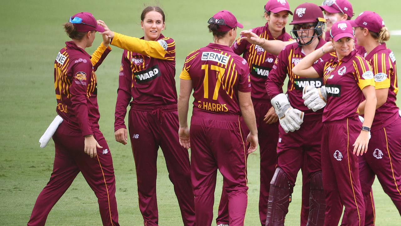 Lilli Hamilton of Queensland celebrates the wicket of Emma Mnix-Geeves during the WNCL match between Queensland and Tasmania at Allan Border Field. Photo: Chris Hyde/Getty Images.