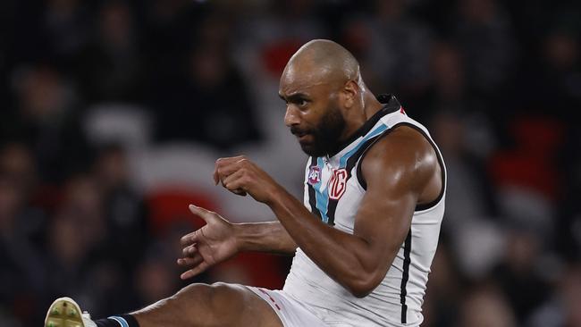 MELBOURNE, AUSTRALIA – JULY 26: Esava Ratugolea of the Power kicks a goal during the round 20AFL match between Carlton Blues and Port Adelaide Power at Marvel Stadium, on July 26, 2024, in Melbourne, Australia. (Photo by Darrian Traynor/Getty Images)