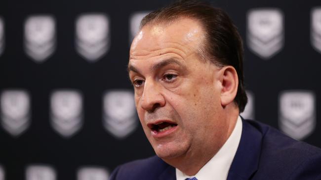 SYDNEY, AUSTRALIA - MARCH 24: ARLC Chairman Peter Vlandys speaks to the media during an NRL press conference at NRL headquarters on March 24, 2020 in Sydney, Australia. (Photo by Matt King/Getty Images)