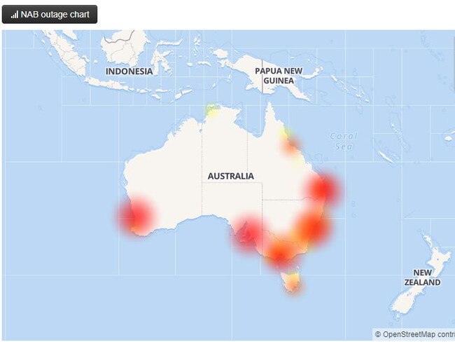 A NAB outage map. Picture: Downdetector.com.au