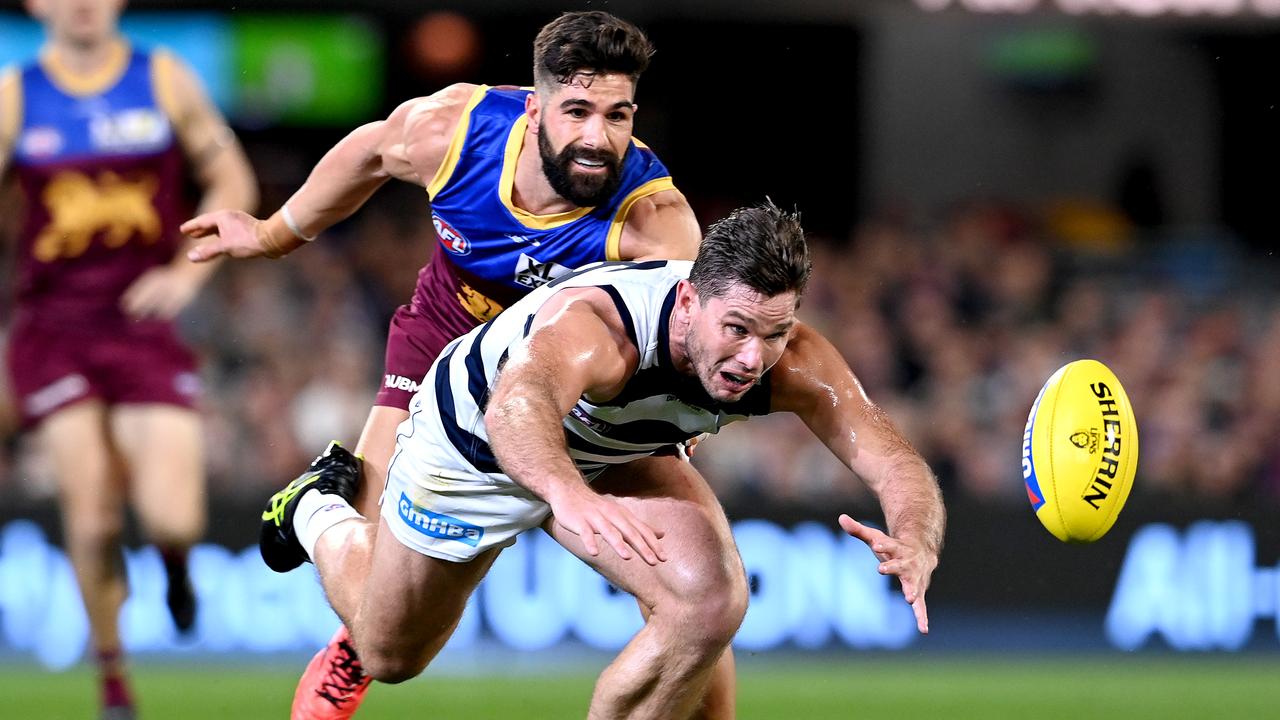 Geelong’s forward line, including Tom Hawkins, was well held. Picture: Bradley Kanaris/Getty Images