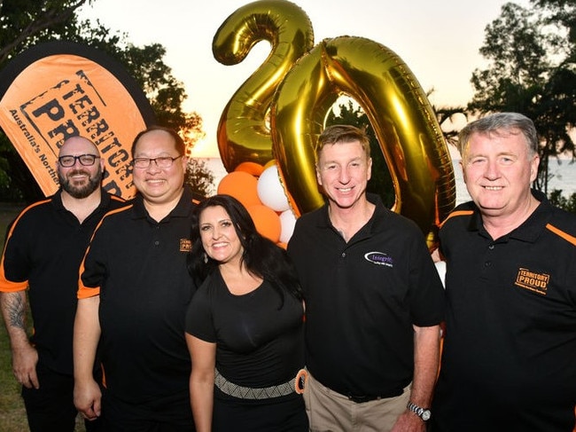 Territory Proud's 2023 committee members enjoy the 20th birthday celebrations. From left: Dante St James, Dennis On, Bec Forrest, Willem van Holthe and Don Cole. Pic: Oliver Thompson. Darwin Photographer Services Thompson Photography.