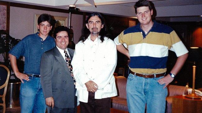 Frank Pangallo with the first Today Tonight crew Danny Adamopoulos (left) and Jason Blount with George Harrison in 1995.