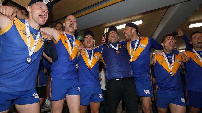 Former Deer Park coach Marc Bullen celebrates another WRFL Division 1 grand final triumph with his players. Picture: Local Legends Photography