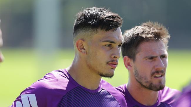 Tino Fa’asuamaleaui looks on during a Melbourne Storm training session at UWA Sports Park in Perth. Picture: Will Russell/Getty Images