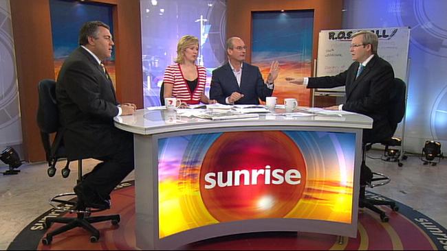 Joe Hockey (left) and Kevin Rudd (right) on the Sunrise set with Melissa Doyle and David Koch back in 2006. Picture: File