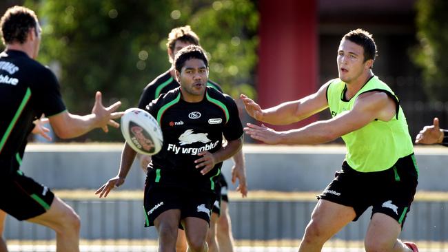 Chris Sandow and Sam Burgess training for South Sydney over a decade ago