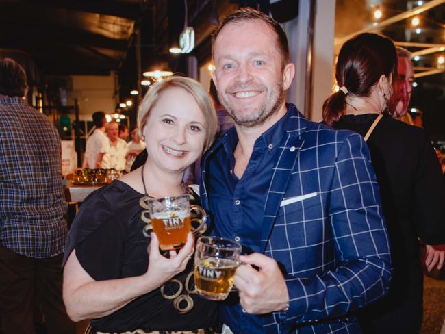 Cassie Mendo, Glen Cummins at the Tiny Mountain Brewery opening in Townsville. Picture by Kaine Constantine. Socials: Damien Anthony Rossi