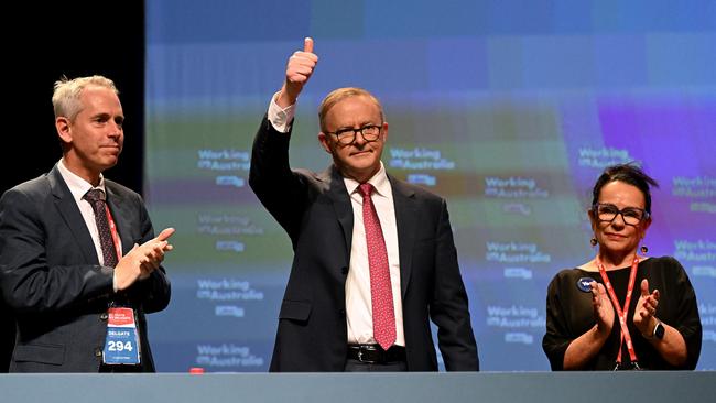 Andrew Giles, Anthony Albanese and Indigenous Australians Minister Linda Burney during the 49th ALP National Conference in Brisbane. Picture: Dan Peled / NCA NewsWire