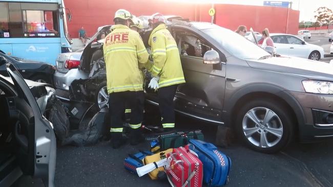 Responders at the scene of the pileup at Baulkham Hills. Picture: TNV