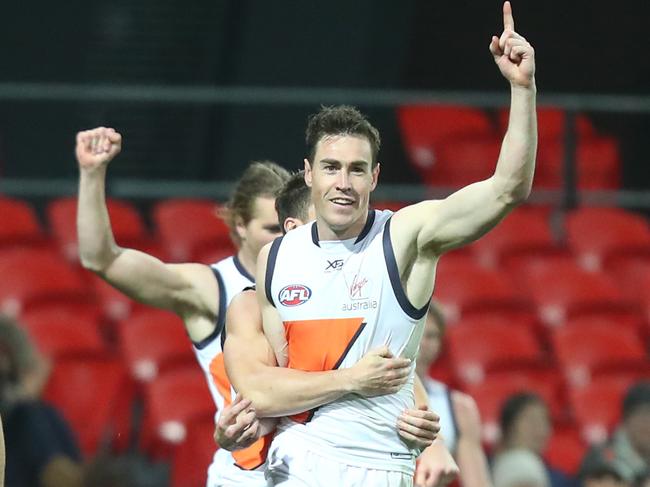 Jeremy Cameron celebrates his eighth goal against Gold Coast in 2019 on the way to securing his first Coleman Medal. Picture: Chris Hyde/Getty Images