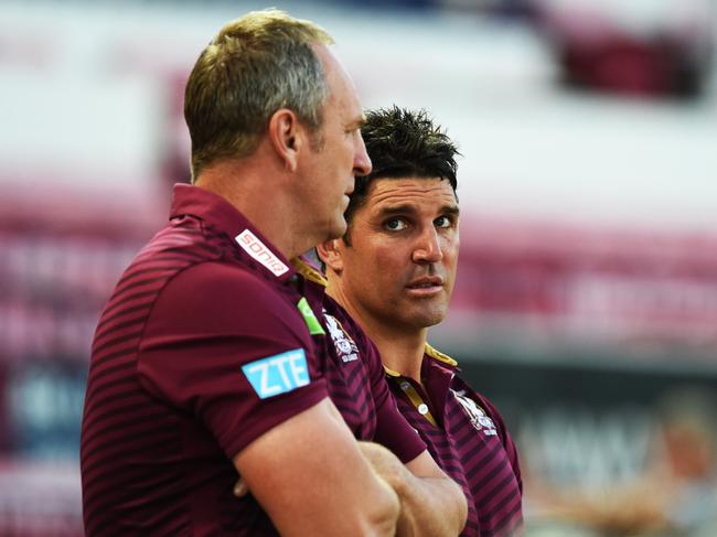 The North Queensland Cowboys v Manly Sea Eagles from 1300 Smiles Stadium, Townsville.  Sea Eagles coach Trent Barrett and assistant coach John Cartwright.   Picture: Zak Simmonds