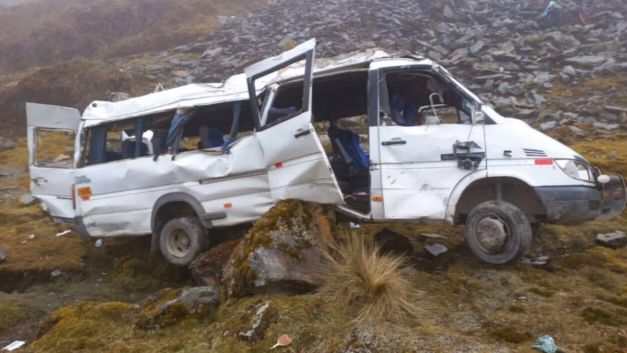 Four tourists died and 16 were injured after the minibus they were travelling in crashed into a ravine in Peru. Picture: Peruvian National Police/AFP