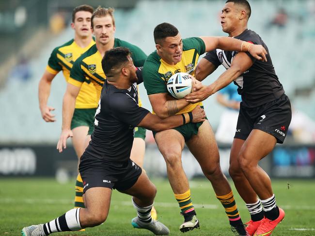 Jaydn Su’a (ball) doesn’t have the workrate to survive demotion to the bench. Picture: Getty Images