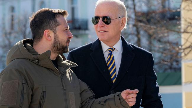US President Joe Biden and Ukrainian President Volodymyr Zelenskyy in front of St. Michael’s Golden-Domed Cathedral as he arrives for a visit in Kyiv. Picture: Ukrainian Presidential Press Service