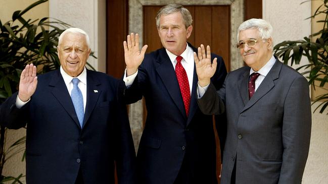 Israel's Prime Minister Ariel Sharon, left, pictured in 2003 with US President George W. Bush and Palestinian Prime Minister Mahmoud Abbas. Picture: AP