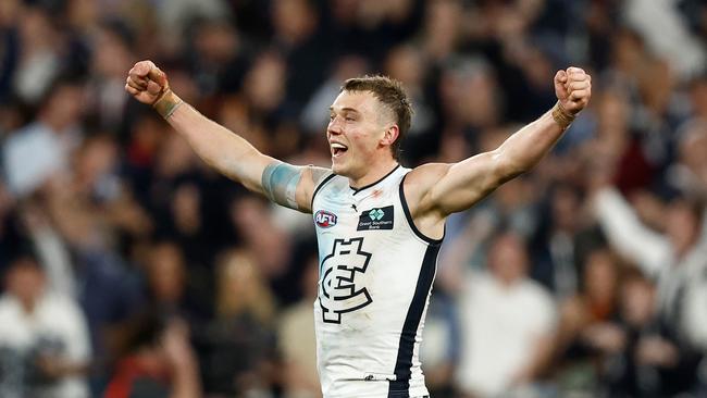 Carlton skipper will be hoping to raise the premiership cup on the last Saturday in September in 2024. Picture: Michael Willson/AFL Photos via Getty Images.