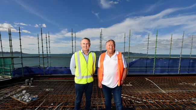 The Ville CEO Michael Jones and Morris Group executive chairman Chris Morris on the roof of Ardo. Picture: Evan Morgan