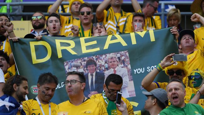 Australian supporters during their FIFA World Cup group match between Australia and France at Kazan Arena during the FIFA 2018 World Cup in Kazan, Russia, Saturday, June 16, 2018. (AAP Image/Dean Lewins) NO ARCHIVING