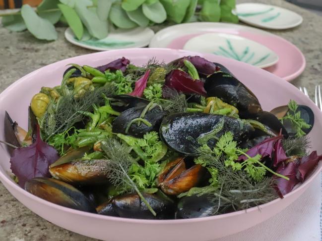 Banksii mussels cooked in white vermouth, green olives and herb butter. Picture: Jenifer Jagielski