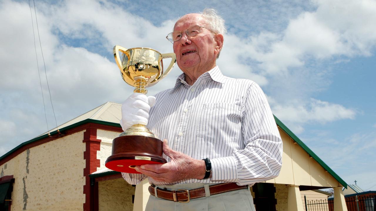 Emirates Melbourne Cup Tour. Three time Melbourne Cup winning trainer, George Hanlon with the cup in his old home town of Wallaroo, South Australia.