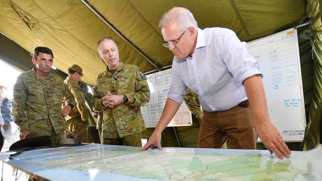 Australian Prime Minister Scott Morrison is seen visiting the Defence Staging Ground at Kingscote Aiport on Kangaroo Island, southwest of Adelaide, in January. Picture: AAP