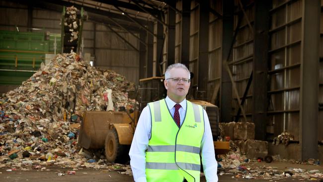 Prime Minister Scott Morrison at SRWRA’s new waste recycling facility at Seaford Heights after announcing funding for the new facility in March. Picture: NCA NewsWire / Dean Martin