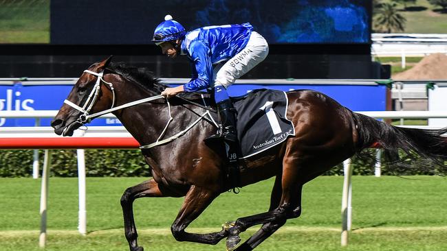 Jockey Hugh Bowman rides Winx in an exhibition gallop at The Championships Day 1 at Royal Randwick Racecourse in Sydney, Saturday, April 7, 2018. (AAP Image/Brendan Esposito) NO ARCHIVING, EDITORIAL USE ONLY