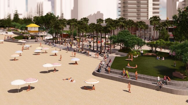 An artist’s impression of the beachfront as part of the proposed Surfers Paradise revitalisation project. Image: Supplied