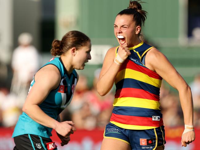 ADELAIDE, AUSTRALIA - SEPTEMBER 02: Ebony Marinoff of the Crows celebrates a goal during the 2023 AFLW Round 01 match between the Adelaide Crows and the Port Adelaide Power at Norwood Oval on September 02, 2023 in Adelaide, Australia. (Photo by Sarah Reed/AFL Photos via Getty Images)