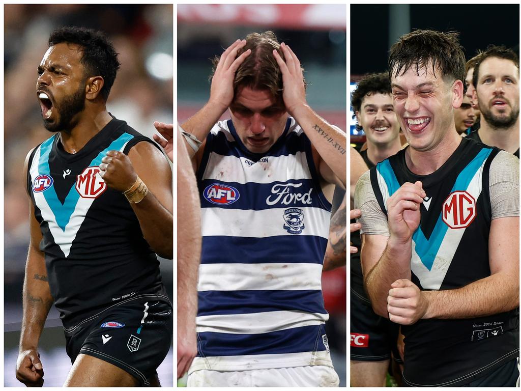 Port Adelaide defeats Geelong in a thriller at GMHBA Stadium.