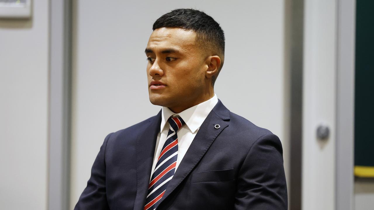 DAILY TELEGRAPH MARCH 11, 2024. Roosters player Spencer Leniu at the NRL Judiciary hearing at Rugby League Central, Moore Park. Picture: Jonathan Ng
