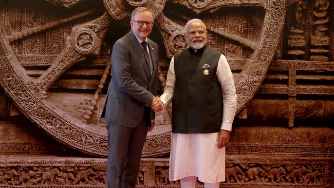 Indian Prime Minister Narendra Modi welcomes Anthony Albanese to the G20 Leaders' Summit in New Delhi. Photo: Dan Kitwood / Getty Images.