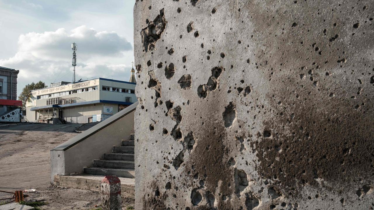 Shelling marks are seen in Kupiansk, Kharkiv region. Picture: Yasuyoshi Chiba / AFP