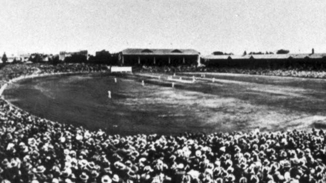 A huge crowd — 50,962 — turn out at Adelaide Oval on January 14, 1933, for the Test match between Australia and England, during the Bodyline war.