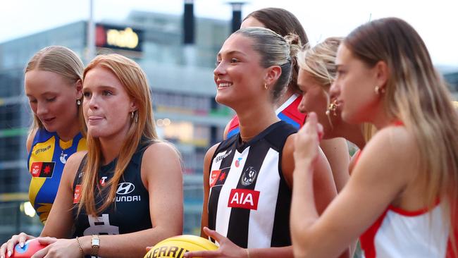 MELBOURNE, AUSTRALIA - DECEMBER 16: Ash Centra of the Magpies poses during the 2024 Telstra AFLW Draft at Marvel Stadium on December 16, 2024 in Melbourne, Australia. (Photo by Morgan Hancock/AFL Photos/Getty Images)