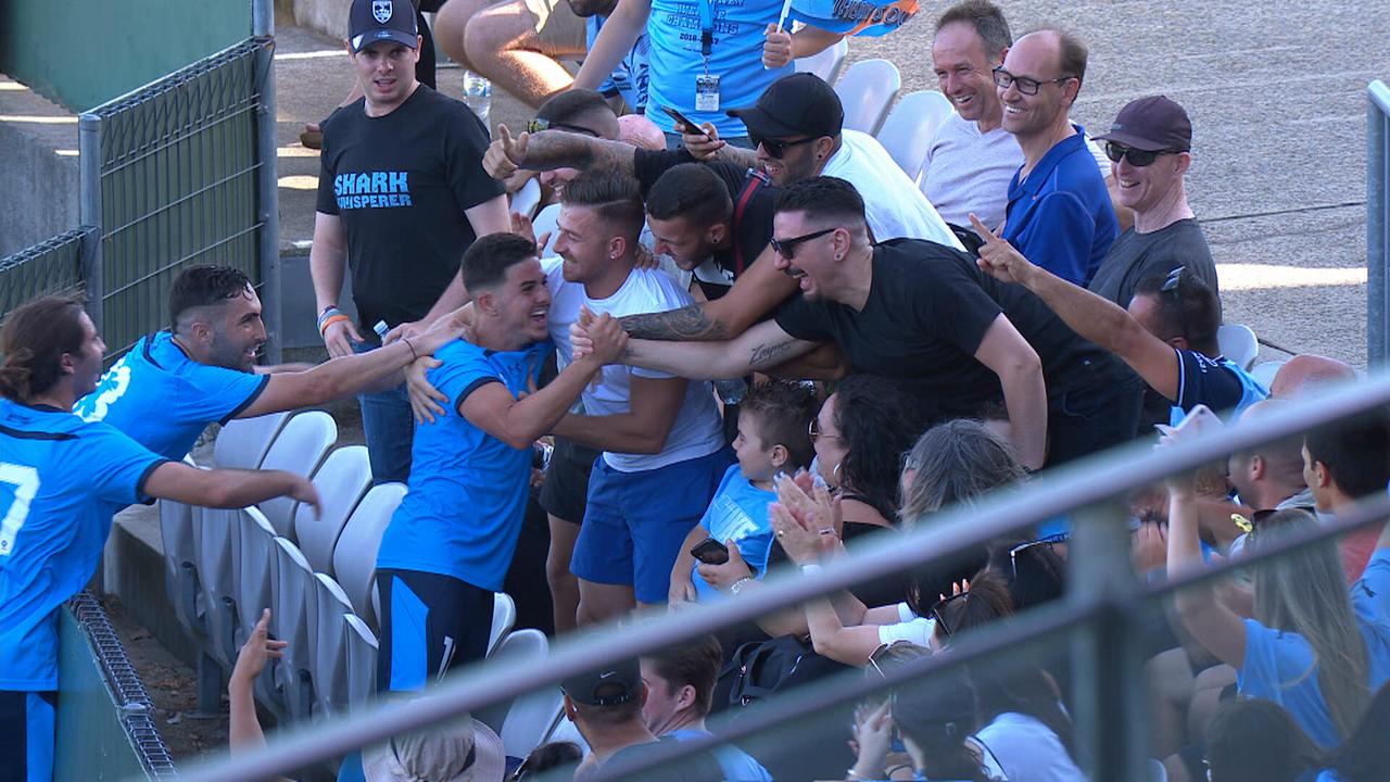 Marco Tilio celebrated Sydney's fifth goal by leaping into the crowd.