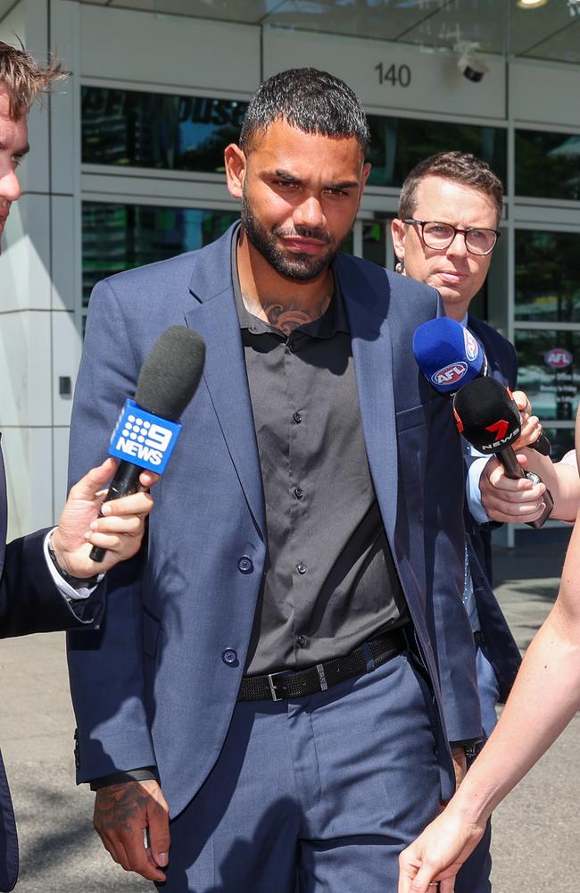 Tarryn Thomas leaves AFL house after speaking with investigators in January. Picture: Brendan Beckett