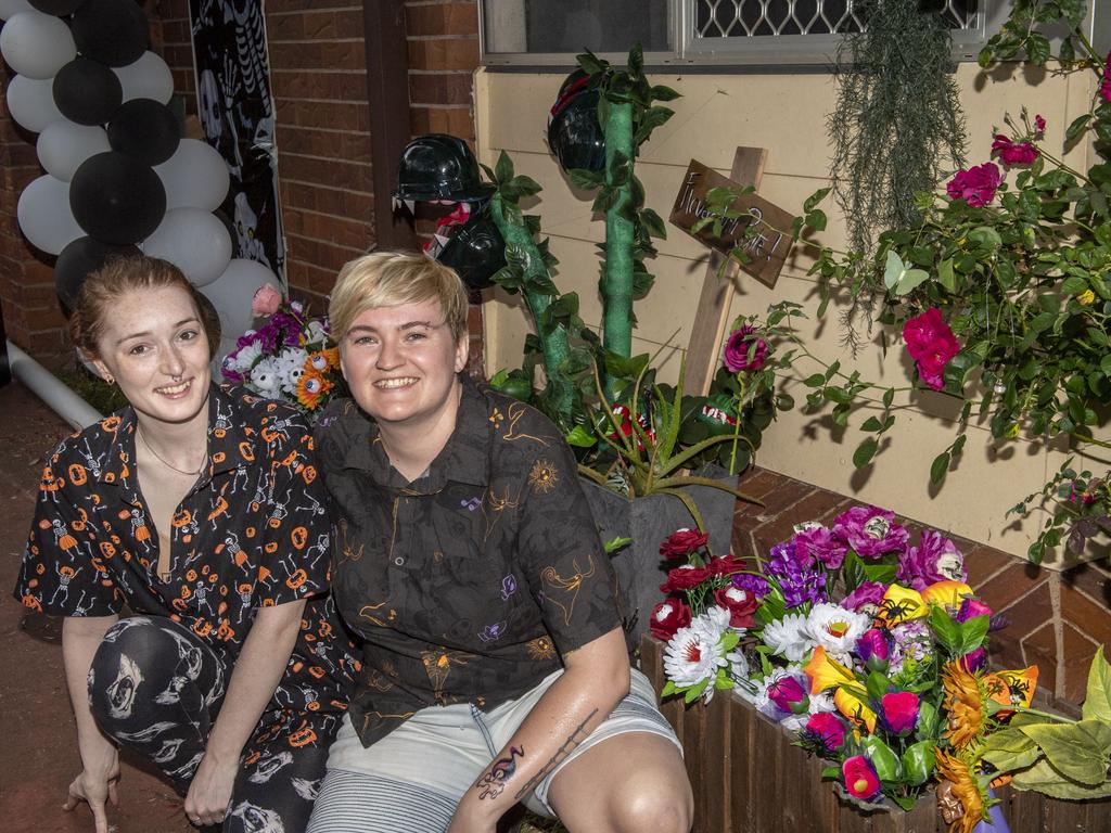 Michelle and Tiffany Crosbie with their Halloween display. Monday, October 31, 2022. Picture: Nev Madsen.