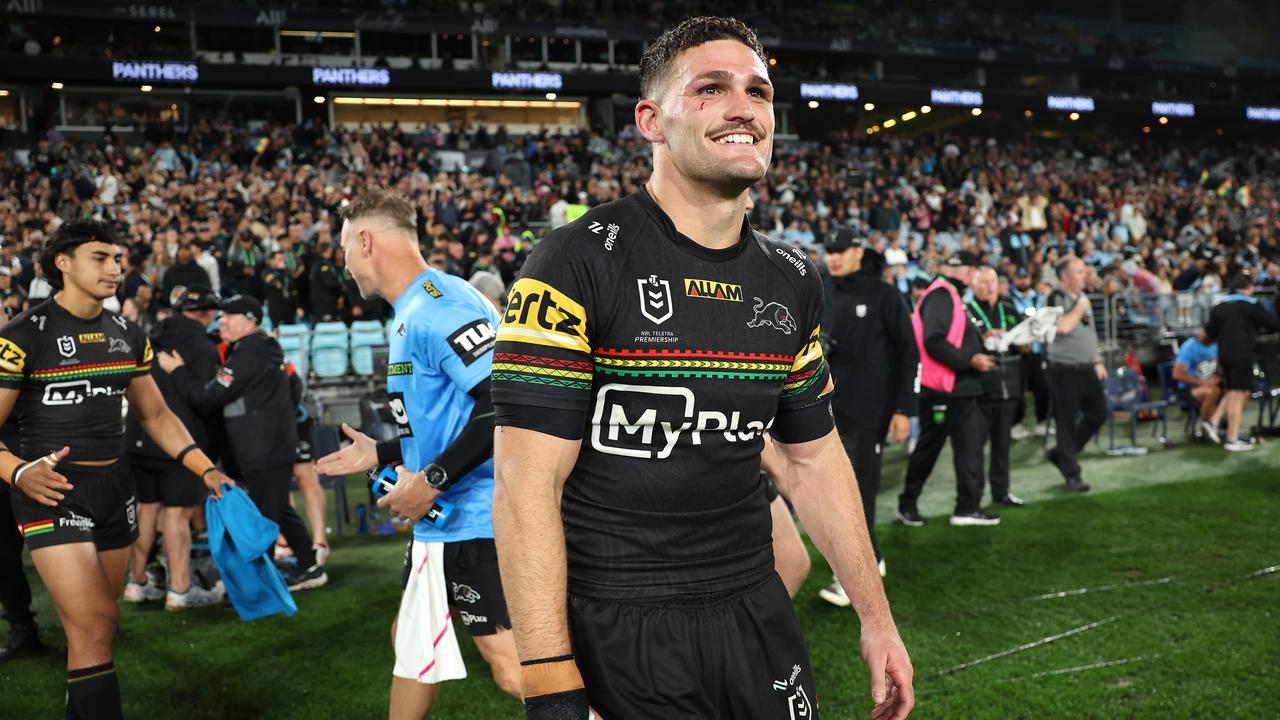 SYDNEY, AUSTRALIA - SEPTEMBER 28: Nathan Cleary of the Panthers smiles after his team's victory during the NRL Preliminary Final match between the Penrith Panthers and the Cronulla Sharks at Accor Stadium on September 28, 2024 in Sydney, Australia. (Photo by Matt King/Getty Images)