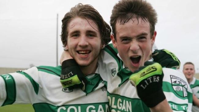 Geelong player Zach Tuohy, left, playing Gaelic football for Portlaoise in Ireland. Picture: Instagram