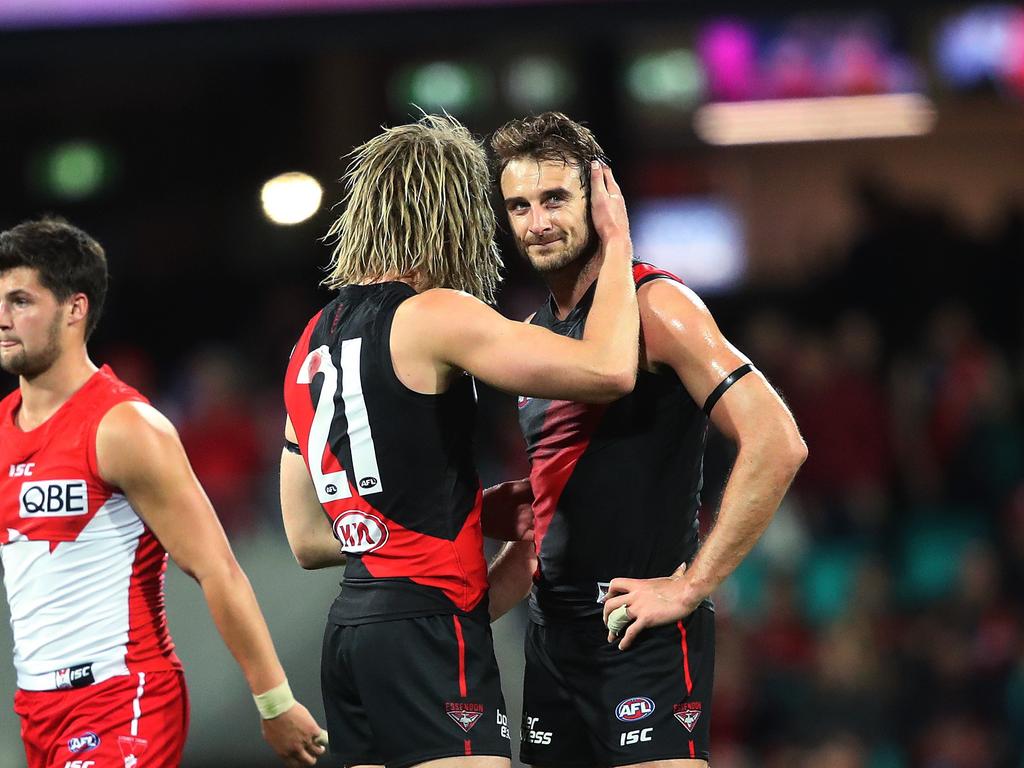 Jobe Watson, right, lost his Brownlow Medal as a result of the doping scandal. Picture. Phil Hillyard