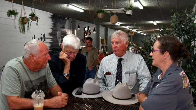 Bob Katter catches up with Ingham local Peter Griffin, KAP Senate candidate Robert Lyon and Vicki Turner at JD's Deli. Picture: Evan Morgan