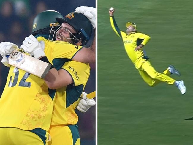 Josh Inglis led Austra;ia all the way after Alex Carey's freakish catch. Photo: Prime Video and Sameer Ali, Getty.