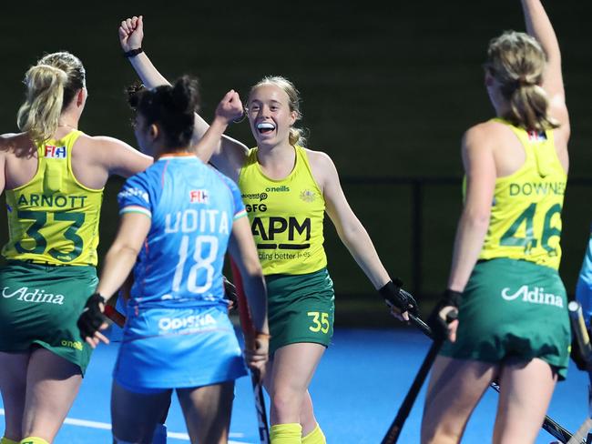 GOAL SCORER MADDISON BROOKS. THE AUSTRALIAN HOCKEYROOS CELEBRATE THEIR 2-0 SERIES WIN AGAINST INDIA IN ADELAIDE ON SUNDAY, MAY 21, 2023