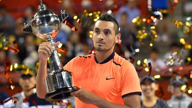 Nick Kyrgios celebrated the biggest title of his career earlier this month. He won’t get a chance at another one until next season. Picture: AFP