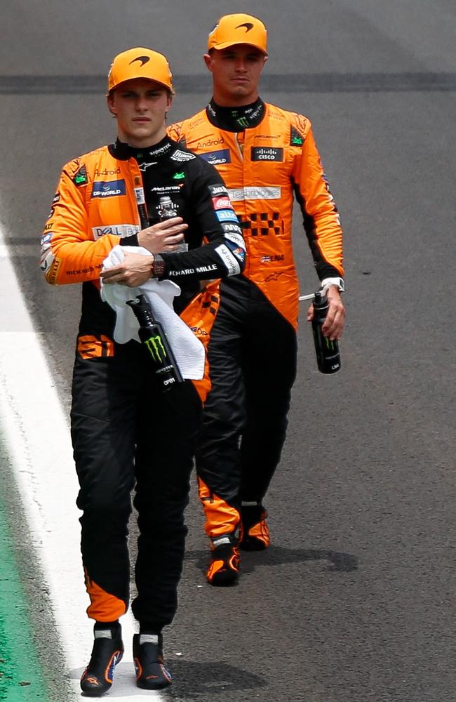 Oscar Piastri (left) and Lando Norris walk after the sprint race. Picture: AFP