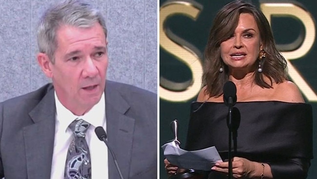 ACT Chief Prosecutor Shane Drumgold, left, gives evidence at the Sofronoff inquiry; Lisa Wilkinson, right, makes her Logies acceptance speech in 2022.