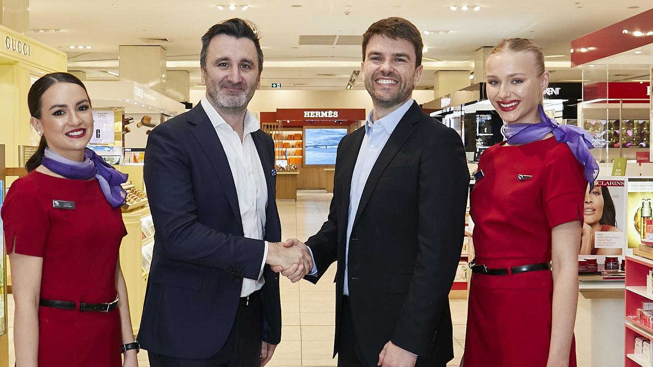 Myer chief customer officer Geoff Ikin and Velocity chief executive Nick Rohrlach are hoping the deal will help ease the pressure of inflation. Picture: Carly Ravenhall